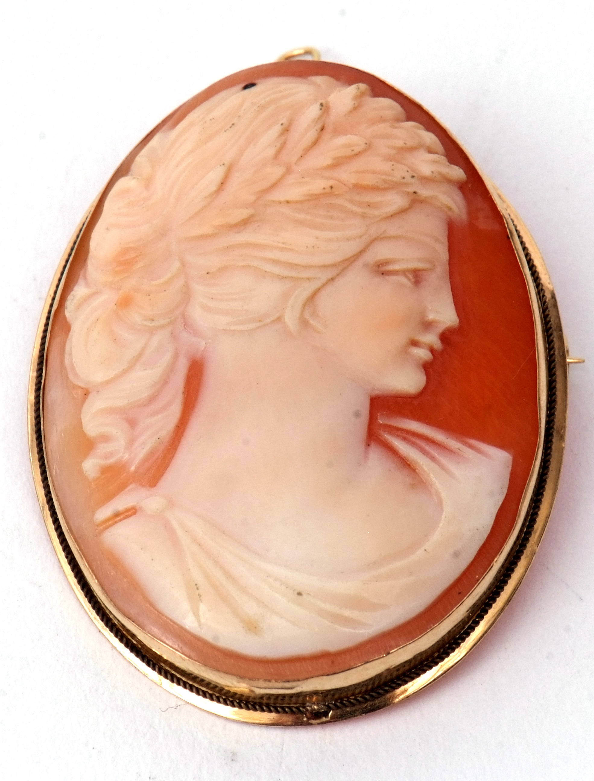 Vintage carved shell cameo, a head and shoulders profile of a classical lady, framed in a 750