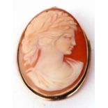 Vintage carved shell cameo, a head and shoulders profile of a classical lady, framed in a 750