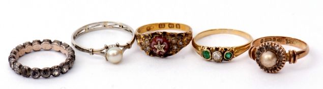 Mixed Lot: antique emerald and diamond ring, the old brilliant cut diamond flanked by two small