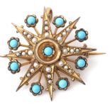 Vintage gilt metal starburst brooch, featuring nine turquoise small stones and graduated small