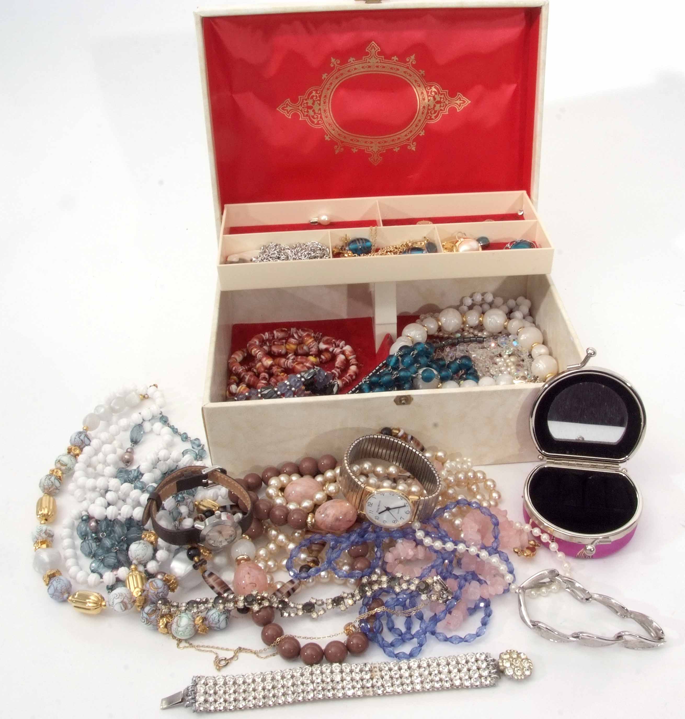 Cream leatherette folding jewel box to include mainly necklaces, crystal and faux pearl examples,