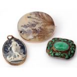 Mixed Lot: Chinese jade enamel filigree clip brooch of rectangular form, 35 x 26mm, stamped "Silver,