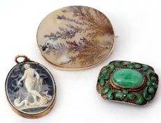 Mixed Lot: Chinese jade enamel filigree clip brooch of rectangular form, 35 x 26mm, stamped "Silver,