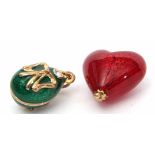 Mixed Lot: modern red enamel heart pendant/charm, the bale stamped 375, together with a modern green