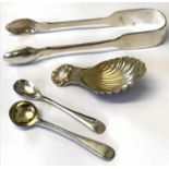 Mixed Lot: comprising a pair of Fiddle pattern sugar tongs, silver gilt shell formed caddy spoon,