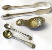 Mixed Lot: comprising a pair of Fiddle pattern sugar tongs, silver gilt shell formed caddy spoon,