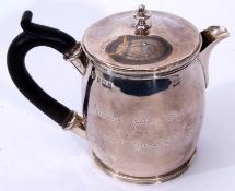 George V hot water pot of polished barrel form with pull off cover with cast and applied knop finial