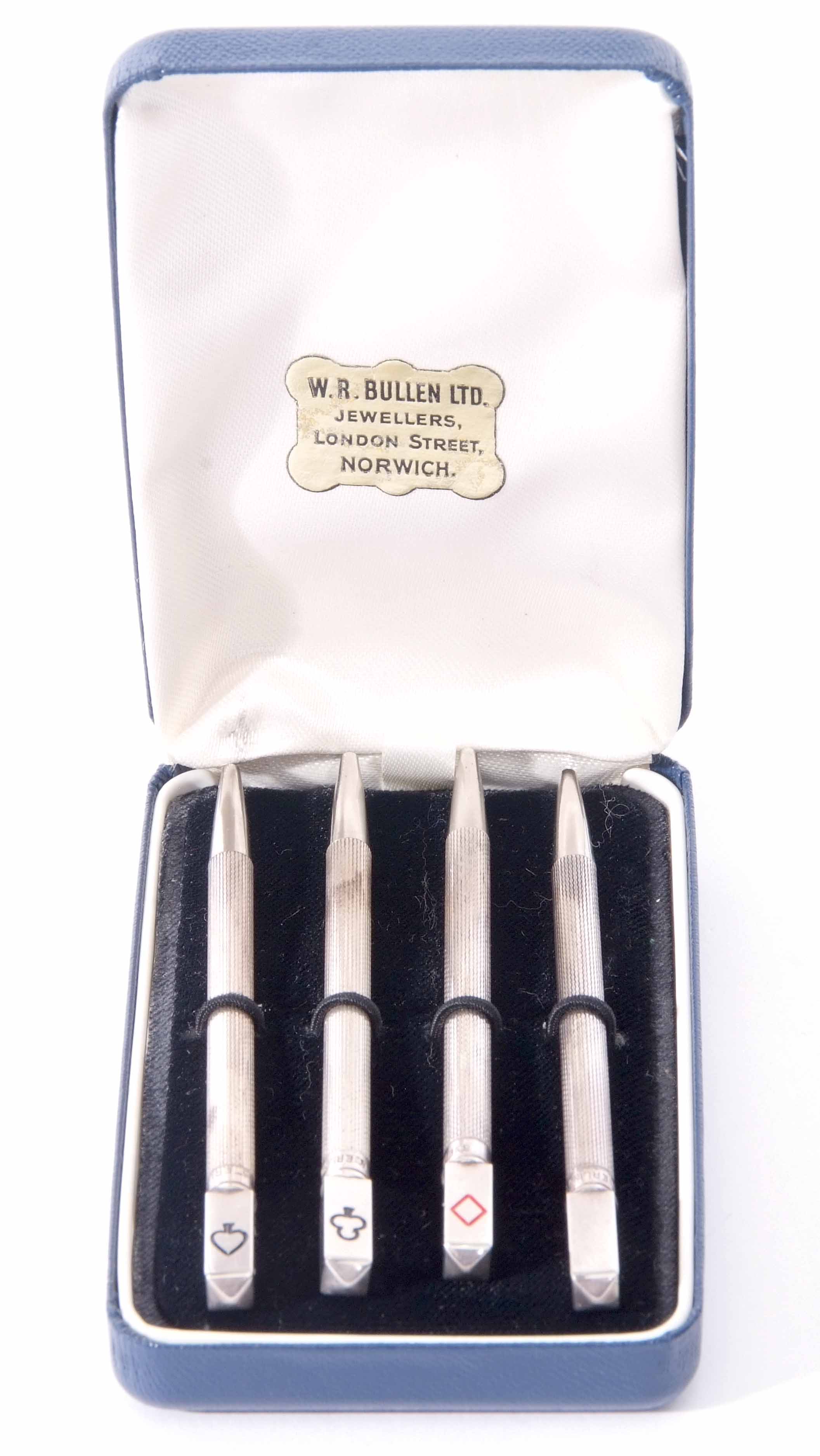 Cased set of four white metal Bridge pencils, each of engine turned cylindrical form and each - Image 2 of 2