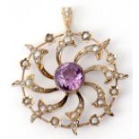 Amethyst and seed pearl pendant, of circular form, open work design, the central faceted amethyst