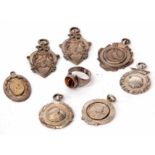 Mixed Lot: comprising five various racing pigeon fobs (unengraved) together with two further chain