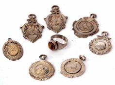 Mixed Lot: comprising five various racing pigeon fobs (unengraved) together with two further chain