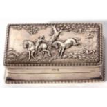 Edward VII Continental snuff box of rectangular form, the hinged cover embossed with an equestrian