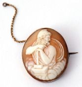 Antique carved shell cameo brooch, oval shaped, depicting a bearded man leaning on a mallet, 3 x 2.