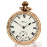 Mid-20th century American gold plated open face keyless pocket watch, Waltham, 29610551, the 9-jewel
