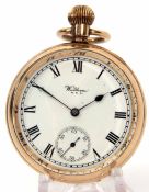 Mid-20th century American gold plated open face keyless pocket watch, Waltham, 29610551, the 9-jewel