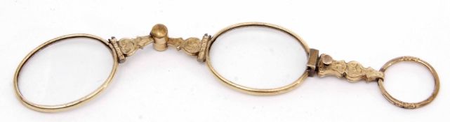 Antique gold plated lorgnette, chased and engraved floral detail throughout, 95mm long