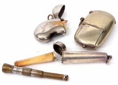 Mixed Lot: silver tapering cylindrical cheroot holder with ring suspension and containing an ivory