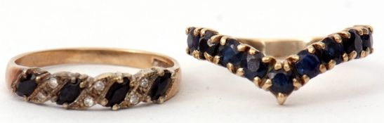 Mixed Lot: 9ct gold, sapphire and diamond ring featuring four faceted lozenge shaped dark sapphires,