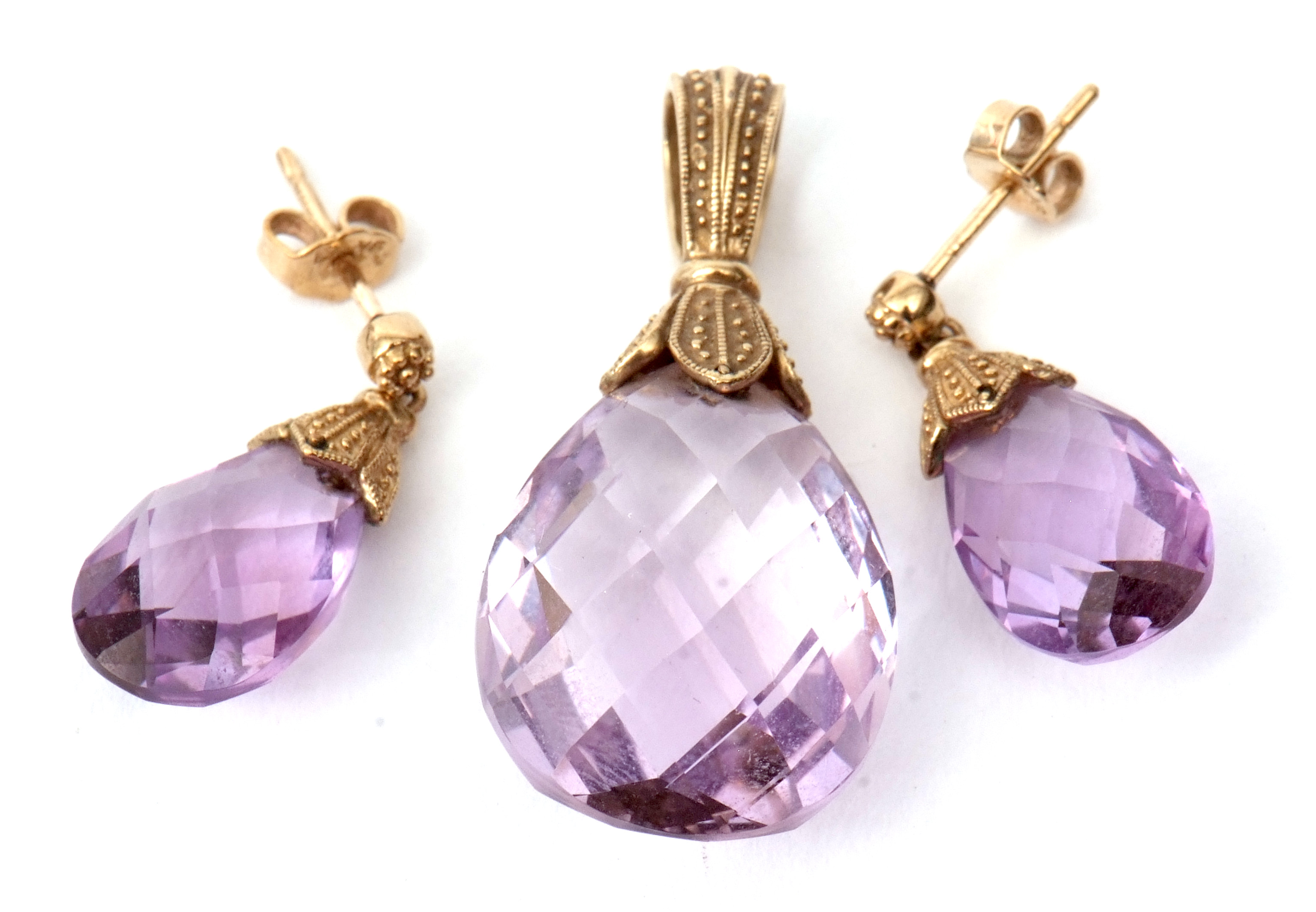 Mixed Lot: 9ct gold pear shaped and purple crystal faceted pendant, together with matching - Image 2 of 2