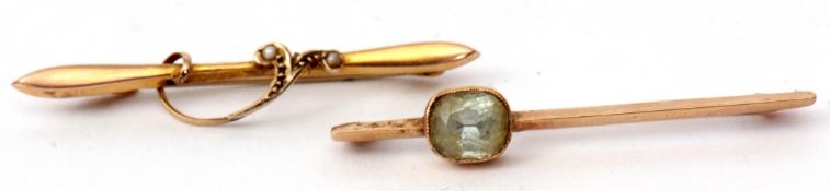 Mixed Lot: two 9ct stamped bar brooches, one set with small seed pearls, the other with a cushion