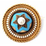 Victorian enamel and pearl target brooch, the centre a blue enamel dome with a central pearl in star