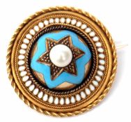 Victorian enamel and pearl target brooch, the centre a blue enamel dome with a central pearl in star