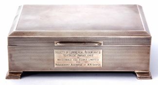 Elizabeth II table cigarette box of hinged rectangular form with all over engine turned decoration