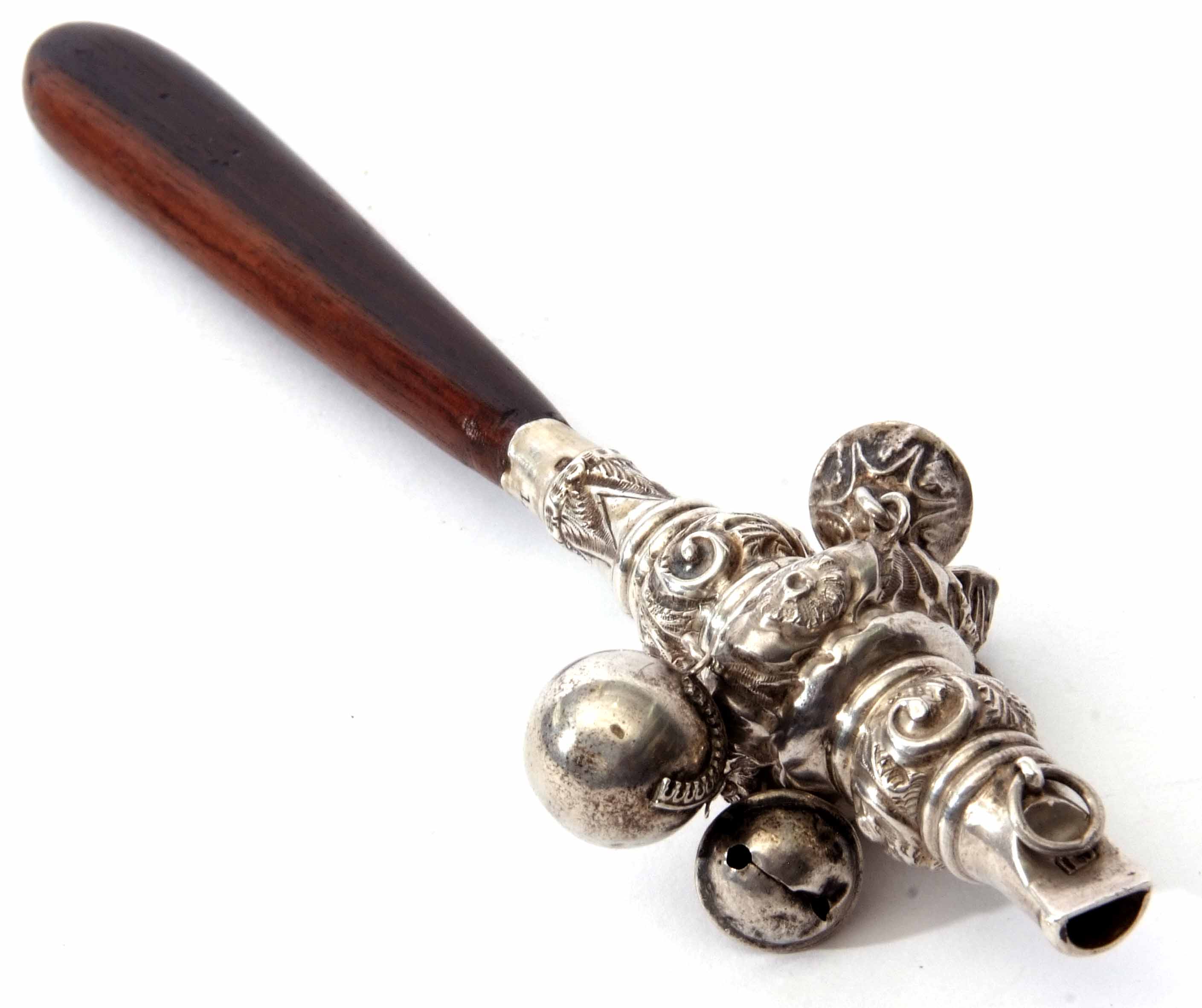 Late Victorian combination rattle of baluster form fitted with a whistle and ring suspension and - Image 2 of 2