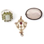 Mixed Lot: 9ct stamped open work pendant set with seed pearls and a central red stone (dropper