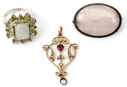 Mixed Lot: 9ct stamped open work pendant set with seed pearls and a central red stone (dropper