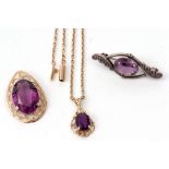 Mixed Lot: 9ct gold and amethyst pendant suspended from a 15c stamped chain, a 9ct framed purple