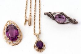 Mixed Lot: 9ct gold and amethyst pendant suspended from a 15c stamped chain, a 9ct framed purple