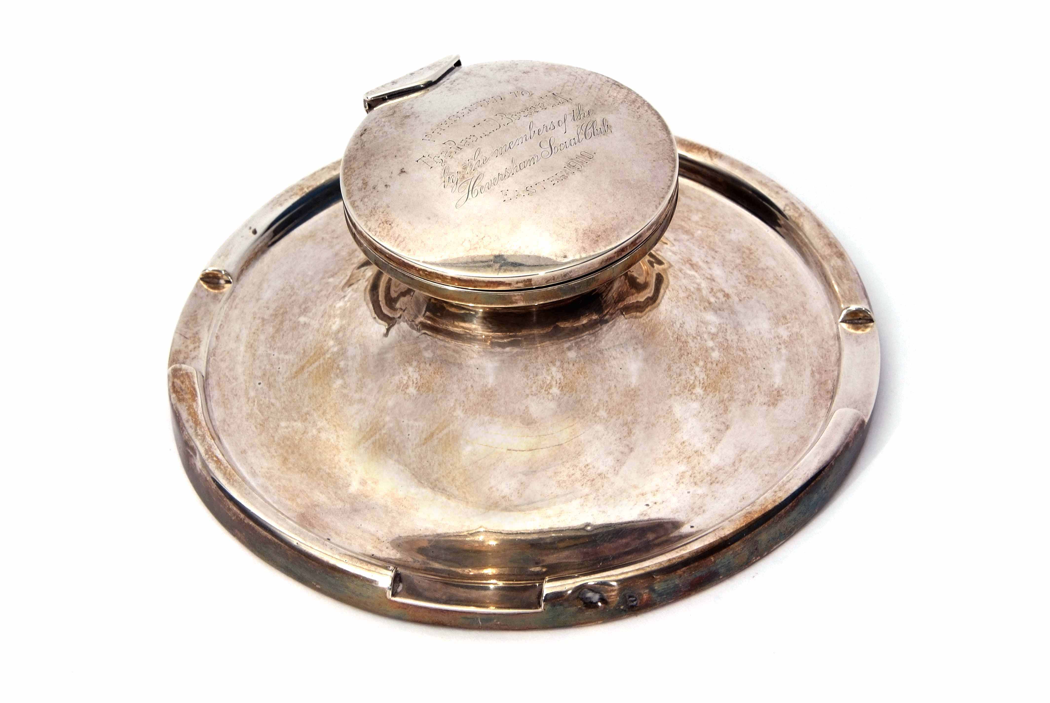 Edward VII presentation engraved oversized capstan inkwell of typical form, the hinged and domed