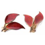 Pair of David Andersen - Norway double leaf clip on earrings, red enamel with veining detail, the