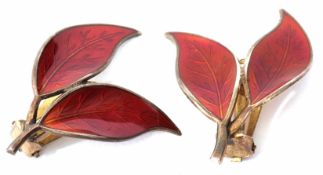 Pair of David Andersen - Norway double leaf clip on earrings, red enamel with veining detail, the