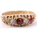 Edwardian 18ct gold diamond and ruby ring, alternate set with two old cut diamonds and two of