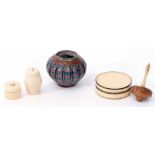 Mixed Lot: comprising two various circular ivory boxes, barrel shaped thread case, bone and
