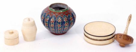 Mixed Lot: comprising two various circular ivory boxes, barrel shaped thread case, bone and