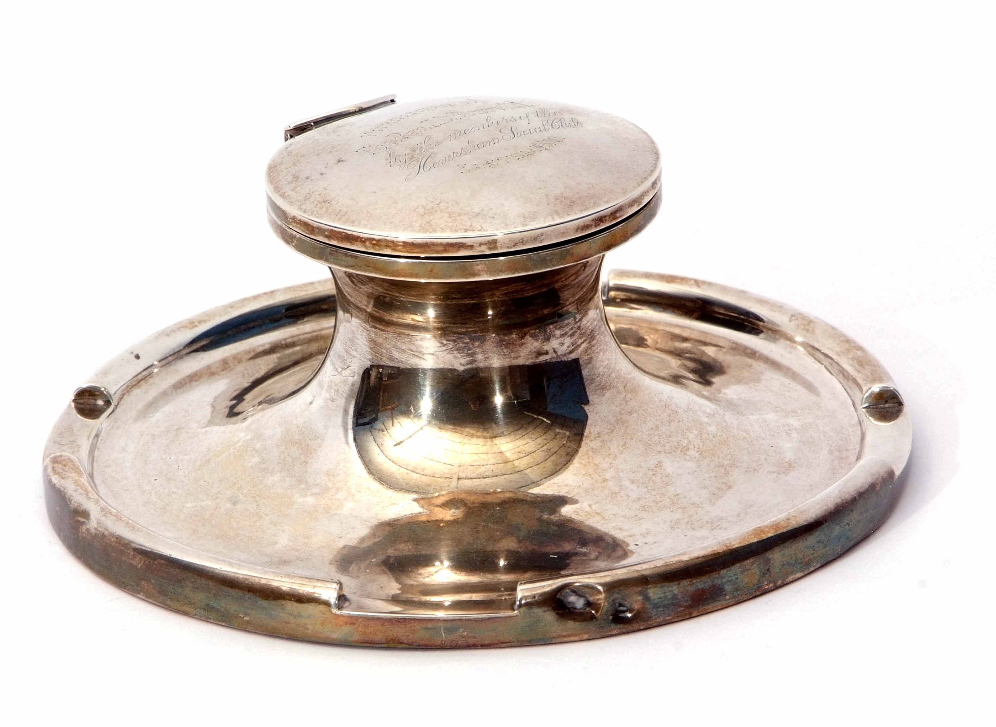 Edward VII presentation engraved oversized capstan inkwell of typical form, the hinged and domed - Image 4 of 4