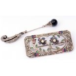 Mixed Lot: Art Deco rectangular shaped brooch of open work design, marcasite and coloured paste