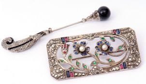 Mixed Lot: Art Deco rectangular shaped brooch of open work design, marcasite and coloured paste