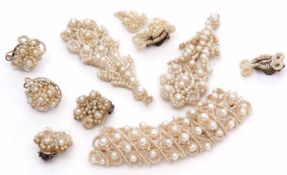 Mixed Lot: antique seed pearl jewellery to include a large pair of pendant earrings, brooch, two