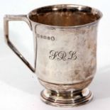 George V christening mug of flared cylindrical form with applied handle on a spreading circular foot