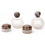 Mixed Lot: comprising two Edward VII toilet water bottles, each of hobnail cut clear glass spherical