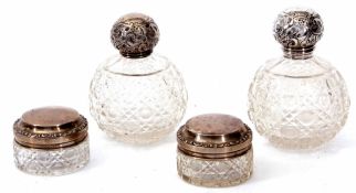 Mixed Lot: comprising two Edward VII toilet water bottles, each of hobnail cut clear glass spherical