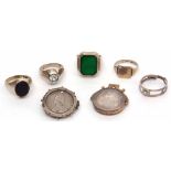 Mixed Lot: hallmarked silver and onyx signet ring, two white metal rings, George IV coin, cased