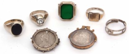 Mixed Lot: hallmarked silver and onyx signet ring, two white metal rings, George IV coin, cased