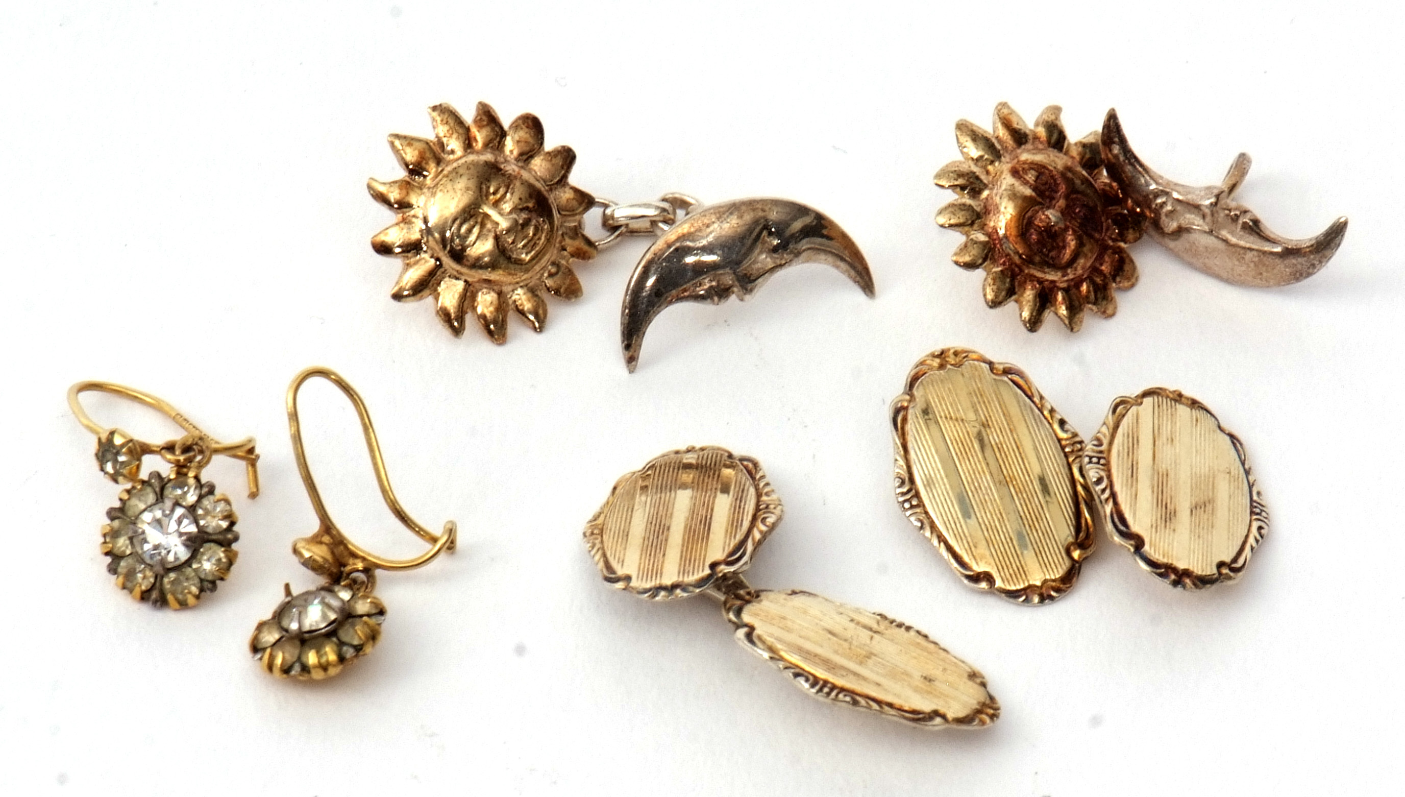 Mixed Lot: to include gilt 925 stamped sun and moon cuff links, pair of white metal engine turned