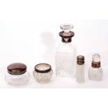 Mixed Lot: comprising silver mounted and clear cut glass small square decanter, silver rimmed open
