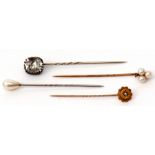 Mixed Lot: vintage stick pins to include a Victorian seed pearl cluster finial example highlighted